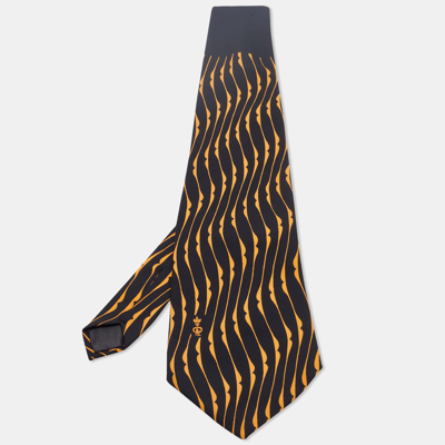 Pre-owned Lanvin Vintage Black & Orange Printed Silk Traditional Tie