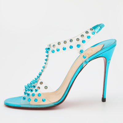 Pre-owned Christian Louboutin Transparent/turquoise Pvc And Leather Spike J Lissimo Slingback Sandals Size 41