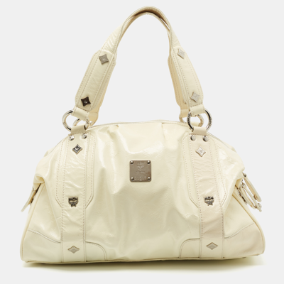 Pre-owned Mcm Cream Crinkled Patent Leather Satchel