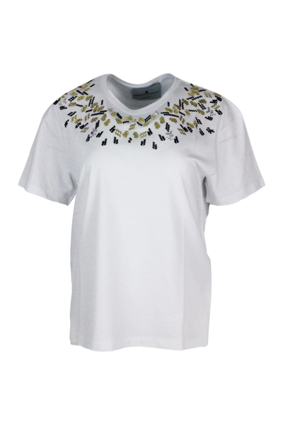Shop Ermanno Scervino Short-sleeved Round-neck Cotton T-shirt Embellished With Applied Crystals In White