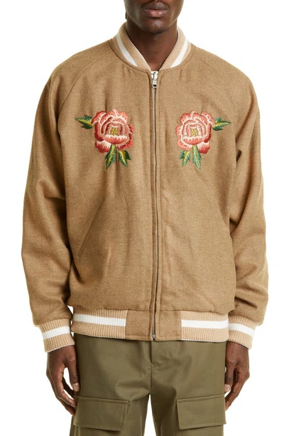 Shop Kenzo Souvenir Floral Embroidered Reversible Wool & Satin Bomber Jacket In Beige