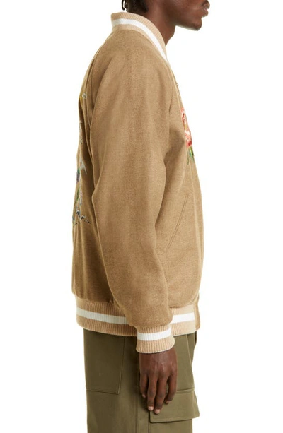 Shop Kenzo Souvenir Floral Embroidered Reversible Wool & Satin Bomber Jacket In Beige
