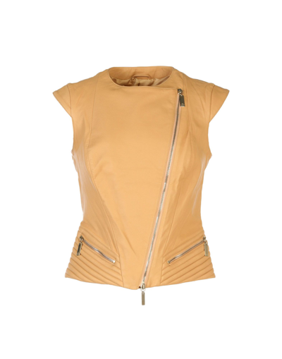 Shop Elisabetta Franchi Gold Woman Jacket Camel Size 6 Ovine Leather In Beige