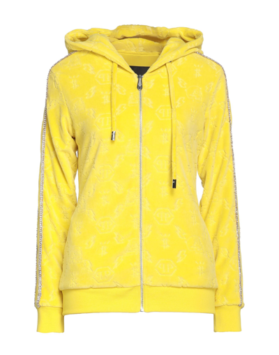 Shop Philipp Plein Woman Sweatshirt Yellow Size Xl Cotton, Polyester, Glass, Metal