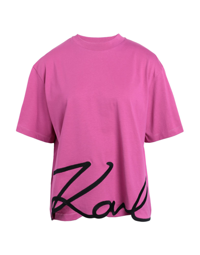Shop Karl Lagerfeld Karl Signature Hem T-shirt Woman T-shirt Fuchsia Size M Organic Cotton In Pink