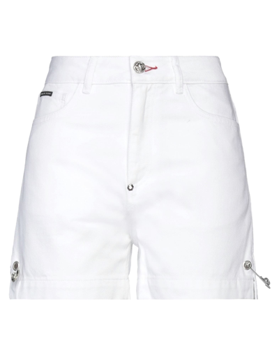 Shop Philipp Plein Woman Denim Shorts White Size 26 Cotton, Calfskin, Polyester