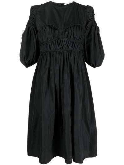 Shop Cecilie Bahnsen Ruched Puff-sleeve Midi Dress In Black