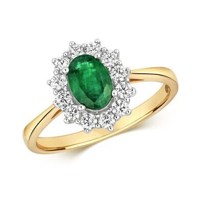 Pre-owned Emerald 0.42ct Diamant Klaster Oval  Ring Grössen J-q Gelbgold