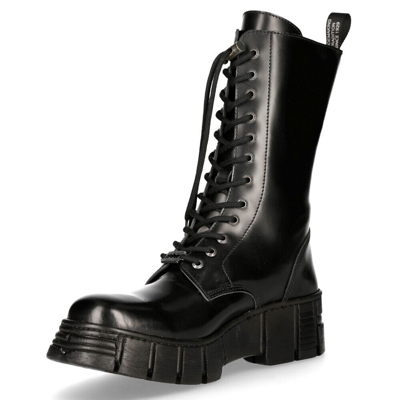 Pre-owned New Rock Rock M-wall027n-c2 Stiefel Schwarz Leder Wand Biker Wadenhoch Tower