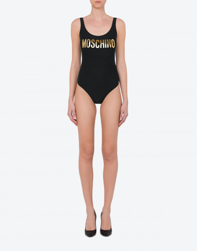 Shop Moschino Gold Logo One-piece Swimsuit In Black
