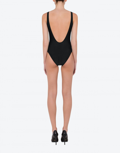 Shop Moschino Gold Logo One-piece Swimsuit In Black