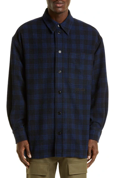 Shop Kenzo Embroidered Logo Check Wool Blend Button-up Shirt In Midnight Blue