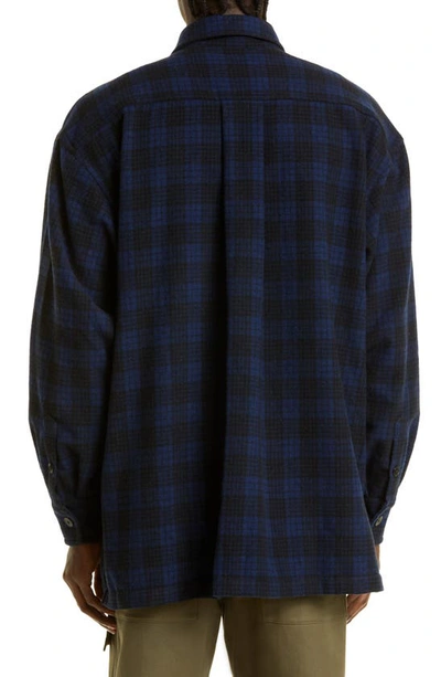 Shop Kenzo Embroidered Logo Check Wool Blend Button-up Shirt In Midnight Blue