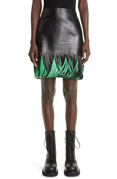 Shop Bottega Veneta Semiplongé Weave Fringe Miniskirt In Black/ Parakeet