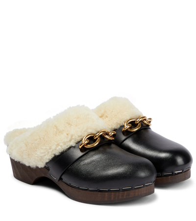 Shop Saint Laurent Le Maillon Leather And Shearling Clogs In Black