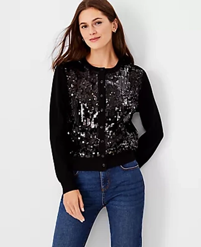 Ann Taylor Petite Sequin Front Ann Cardigan In Black
