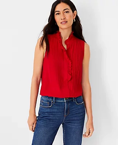 Shop Ann Taylor Petite Ruffle Pintucked Popover Shell Top In Gingham Red