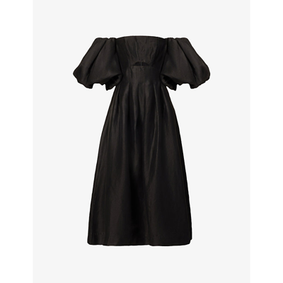 Shop Aje Eugenie Off-the-shoulder Linen-blend Midi Dress In Black