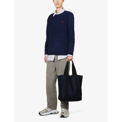 Shop Polo Ralph Lauren Logo-embroidered Cable-knit Cashmere Jumper In Hunter Navy