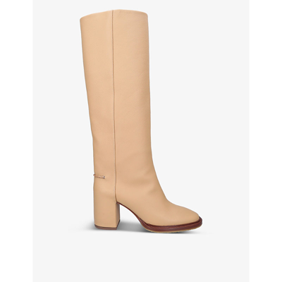 Shop Chloé Edith Knee-high Leather Heeled Boots In Beige