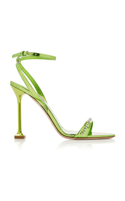 Shop Miu Miu Crystal-trimmed Metallic Leather Sandals In Green