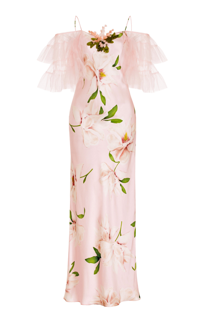 Shop Rodarte Ruffled Floral Silk-satin Midi Slip Dress In Pink