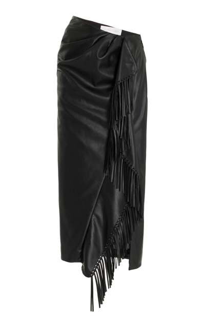 Shop Jonathan Simkhai Sabine Fringed Vegan Leather Maxi Wrap Skirt In Black
