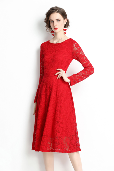 Shop Kaimilan Red Evening Lace A-line Boatneck Long Sleeve Midi Classic Dress