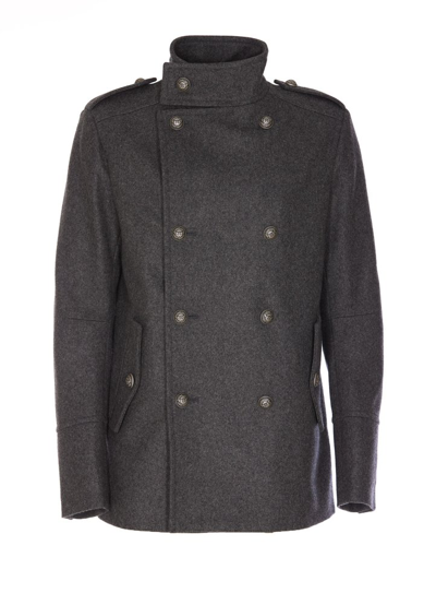 Shop Balmain Button Embellished Coat In Grey