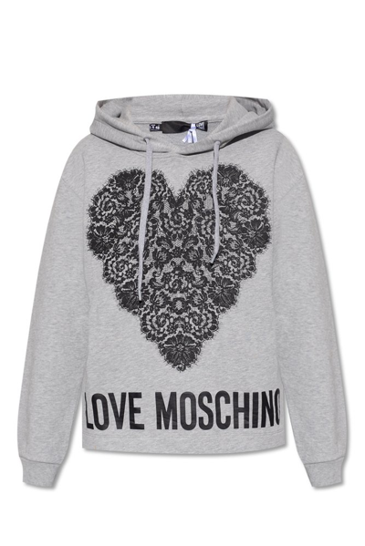 Shop Love Moschino Logo Printed Drawstring Hoodie In Grey