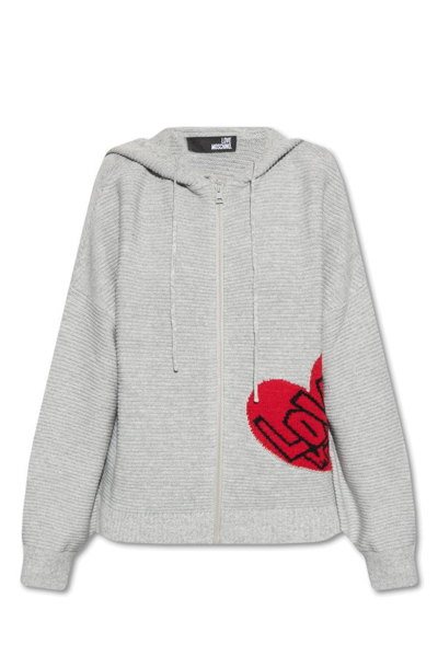 Shop Love Moschino Logo Intarsia Zipped Cardigan In Grey