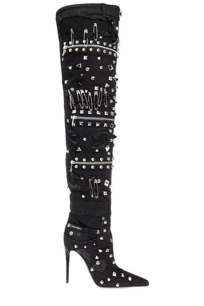 Shop Dolce & Gabbana Distressed Patchwork Denim Boots In Black