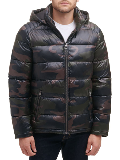 Shop Guess Men's Quilted Zip Up Puffer Jacket In Camo Olive
