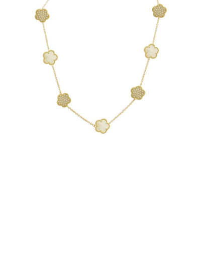 Shop Jan-kou Women's Flower 14k Goldplated Cubic Zirconia Station Clover Necklace In Yellow White