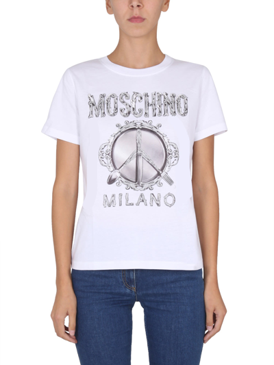 Shop Moschino Cutlery Logo T-shirt In Bianco