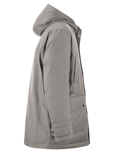 Shop Peserico Long Down Jacket In Soft Technical Pure Wool Flannel In Grey