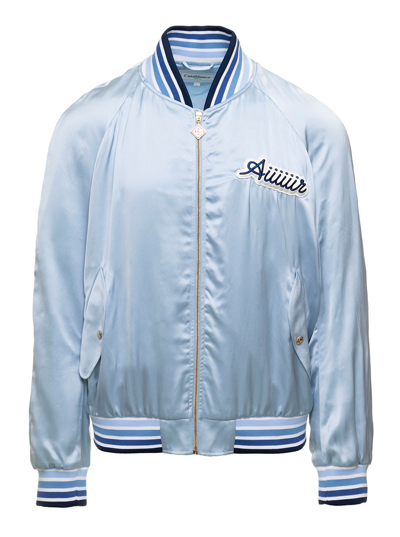 Shop Casablanca Aiiiiiir Souvenir Light Blue Satin Bomber Jacket With Logo Patch Man