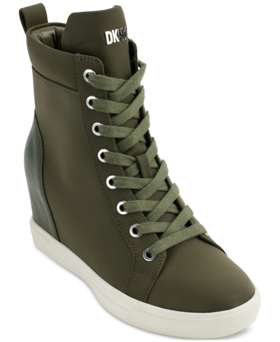 Shop Dkny Women's Calz Lace-up Hidden-wedge High-top Sneakers In Green