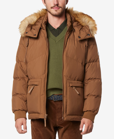 Shop Marc New York Men's Down Bomber With Faux Fur Trim And Removable Hood In Sepia