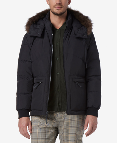 Shop Marc New York Men's Down Bomber With Faux Fur Trim And Removable Hood In Black