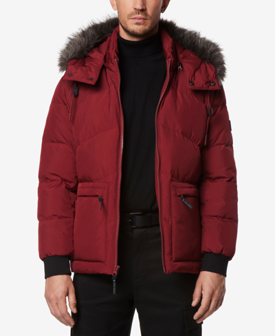 Shop Marc New York Men's Down Bomber With Faux Fur Trim And Removable Hood In Garnet
