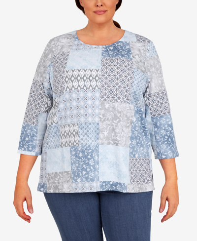 Shop Alfred Dunner Plus Size Victoria Falls Crew Neck 3/4 Sleeve Monotone Print Top In Wedgewood