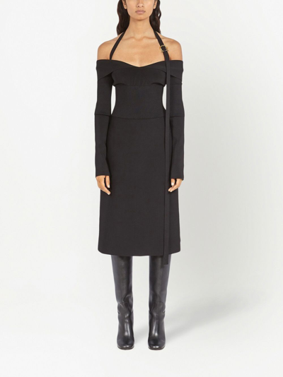 Ferragamo Knit Midi Dress With Gancini Buckle In Black