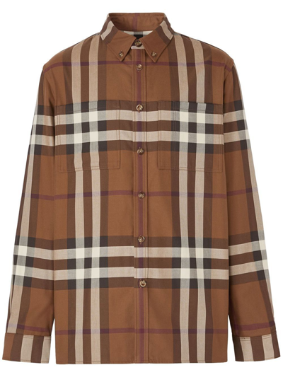 Burberry House Check Button-front Shirt In Dark Brown | ModeSens
