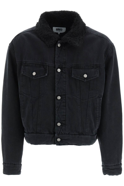 Shop Mm6 Maison Margiela Denim Jacket With Shearling Collar In Black