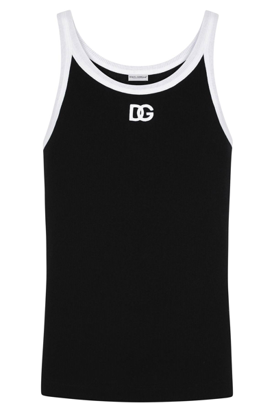 Shop Dolce & Gabbana 'marcello' Cotton Tank Top With Logo Embroidery In Black