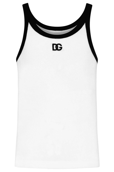 Shop Dolce & Gabbana 'marcello' Cotton Tank Top With Logo Embroidery In White