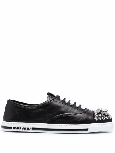Shop Miu Miu Women's  Black Leather Sneakers