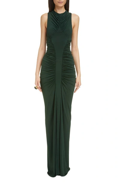 Shop Saint Laurent Ruched Jersey Maxi Dress In Green