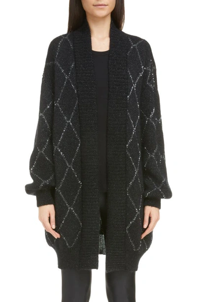 Shop Saint Laurent Metallic Intarsia Oversize Open Front Mohair Blend Cardigan In Black/ Silver